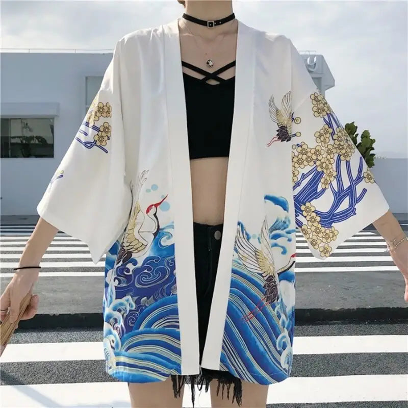 Birds Waves White Women’s Kimono Jacket